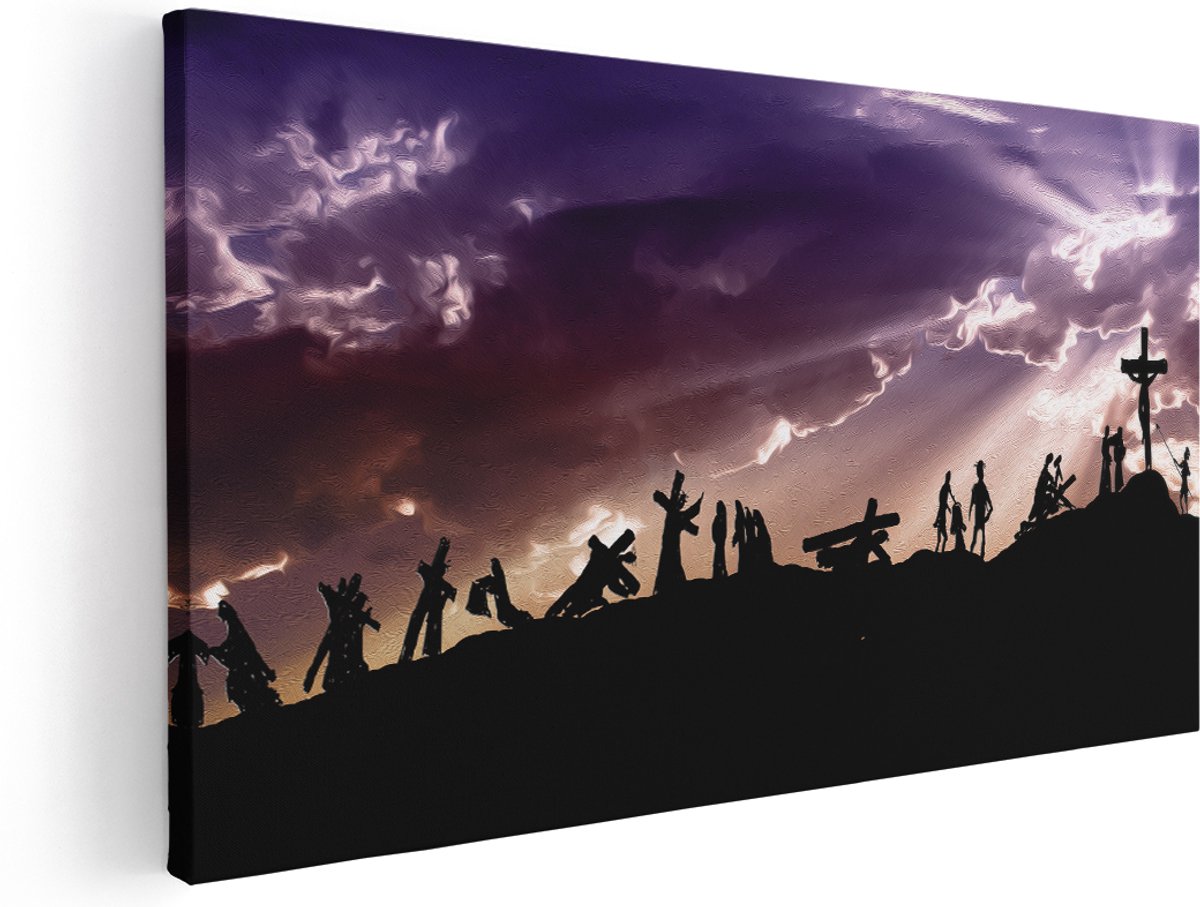 Artaza Canvas Schilderij Kruistocht naar het Kruis van Jezus Christus - 140x70 cm - Groot - Wanddecoratie Woonkamer - Schilderijen - Muurdecoratie
