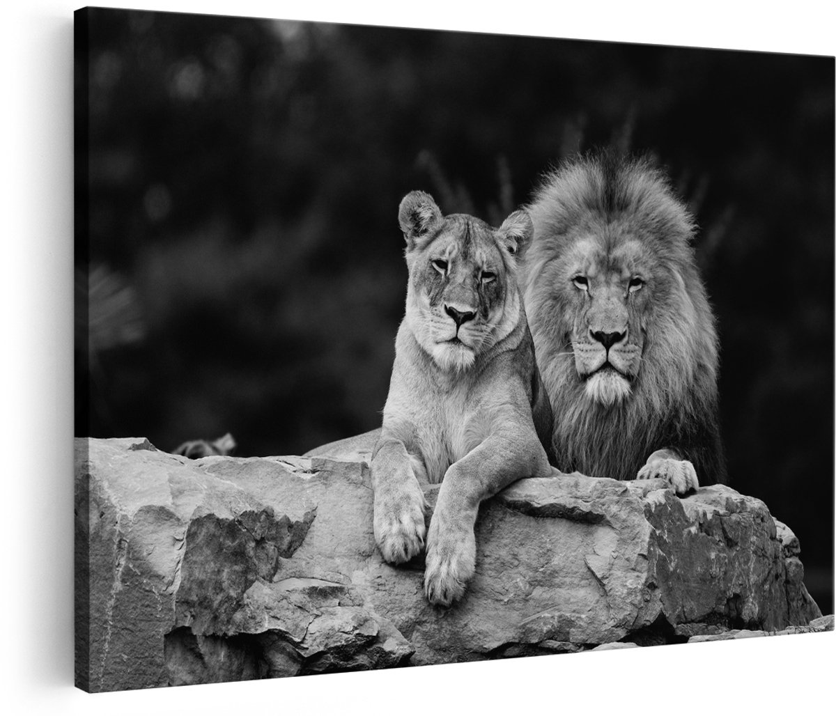 Artaza Canvas Schilderij Leeuw en Leeuwin - Liefde Koppel - Zwart Wit - 150x100 cm - Groot - Wanddecoratie Woonkamer - Schilderijen - Muurdecoratie