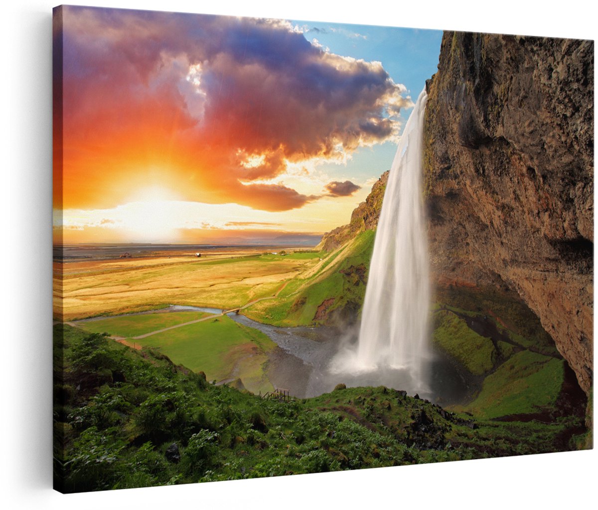 Artaza Canvas Schilderij Waterval In IJsland Met Zonsondergang - 150x100 cm - Groot - Wanddecoratie Woonkamer - Schilderijen - Muurdecoratie