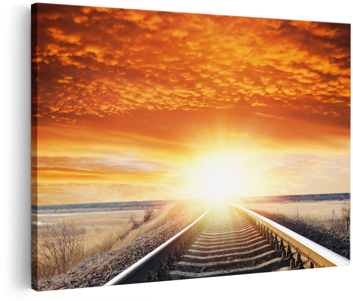 Artaza Canvas Schilderij Rails Spoorweg Bij Zonsondergang - 150x100 cm - Groot - Foto Op Canvas - Wanddecoratie Woonkamer