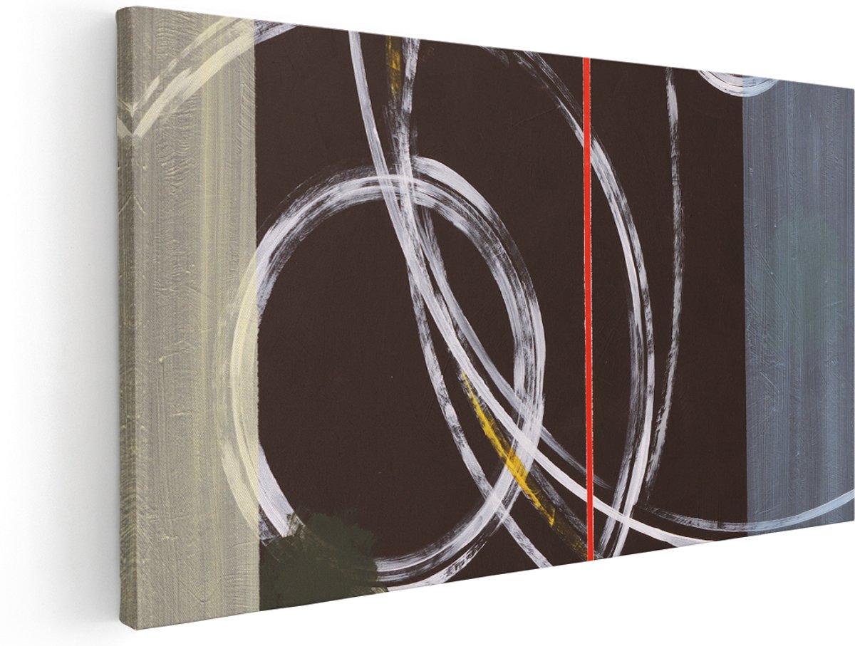 Artaza Canvas Schilderij Abstracte Cirkels met een Rode Lijn - 140x70 cm - Groot - Wanddecoratie Woonkamer - Schilderijen - Muurdecoratie