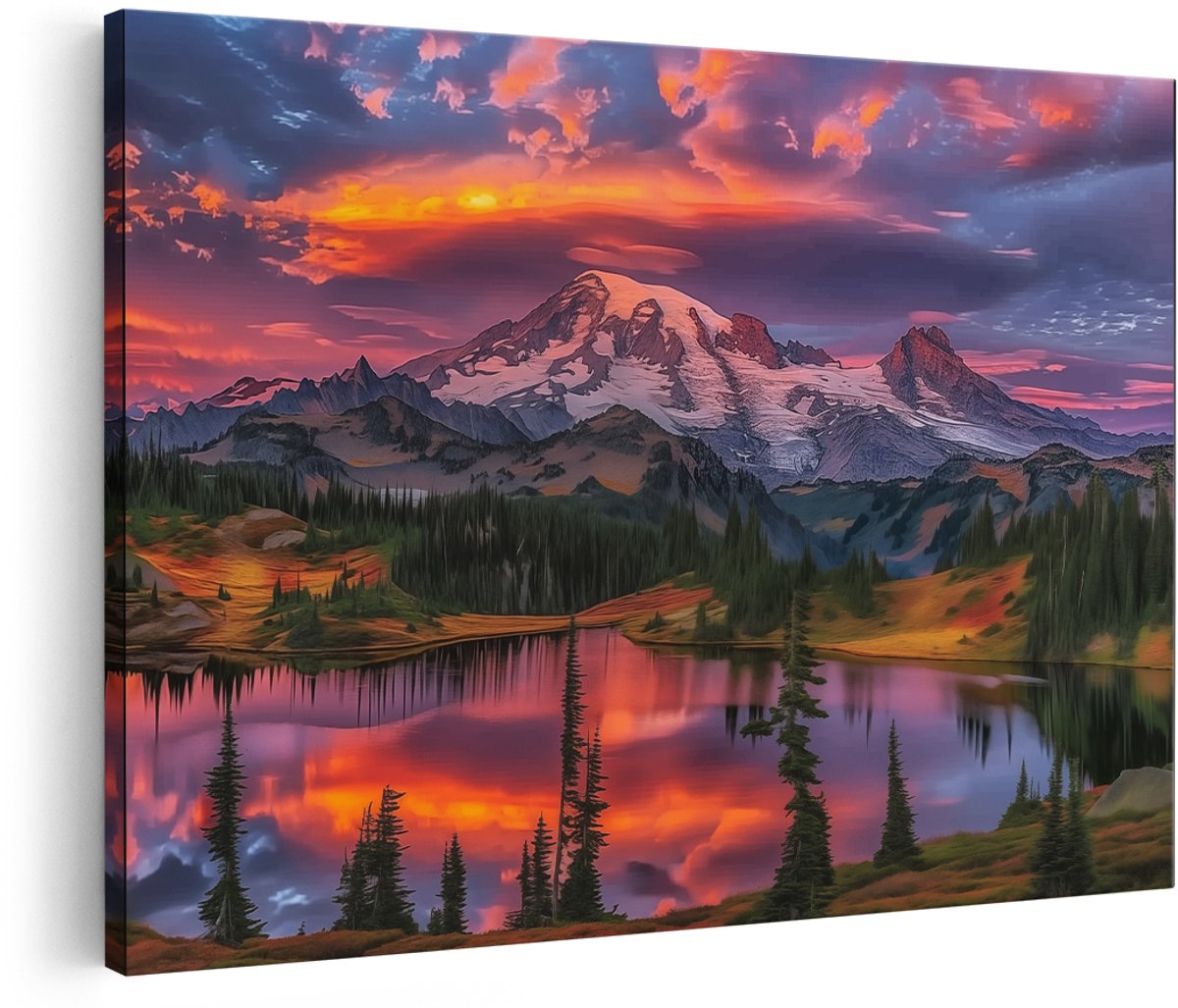 Artaza Canvas Schilderij Zonsondergang over Mt Rainier en een Meer - Landschap - 150x100 cm - Groot - Wanddecoratie Woonkamer - Schilderijen - Muurdecoratie