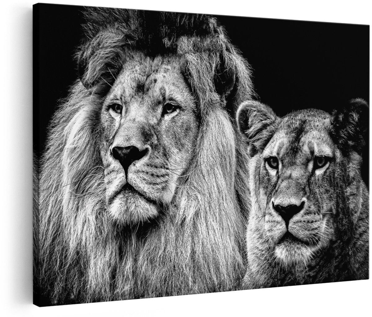 Artaza Canvas Schilderij Leeuw en Leeuwin - Liefde Koppel - Zwart Wit - 150x100 cm - Groot - Foto Op Canvas - Wanddecoratie Woonkamer