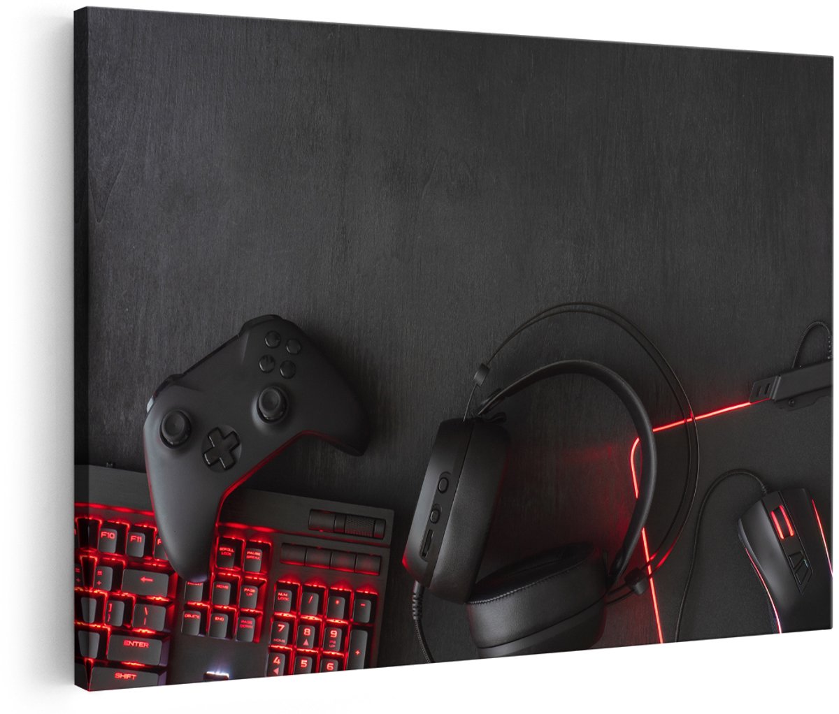 Artaza Canvas Schilderij Gaming Spullen - Accessoires - Controller - 150x100 cm - Groot - Wanddecoratie Woonkamer - Schilderijen - Muurdecoratie