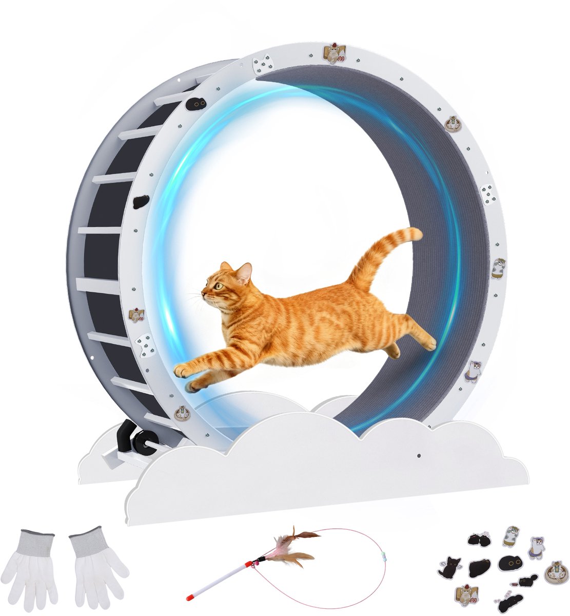 GTPLAYER - Kattenloopwiel 100 cm - Ultrastil met Afneembare Mat - Wolk Witte