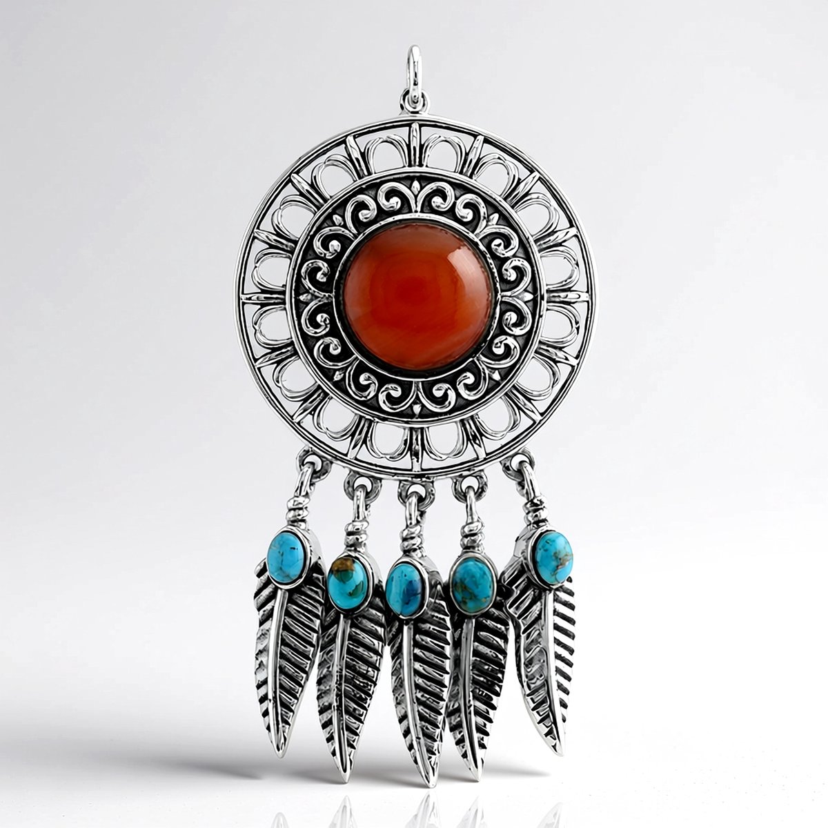 Cavill - Zilveren Hanger met 2,75 ct Carneool & Kingman Mohave Turquoise - 925 Sterling Zilver Geoxideerd - Vintage Stijl, Cabochon Edelstenen Sieraad