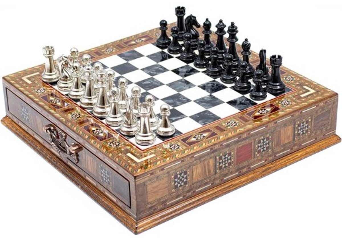 Handgemaakte luxe houten schaakset met opbergfunctie en kingsize stukken - zwart-zilver