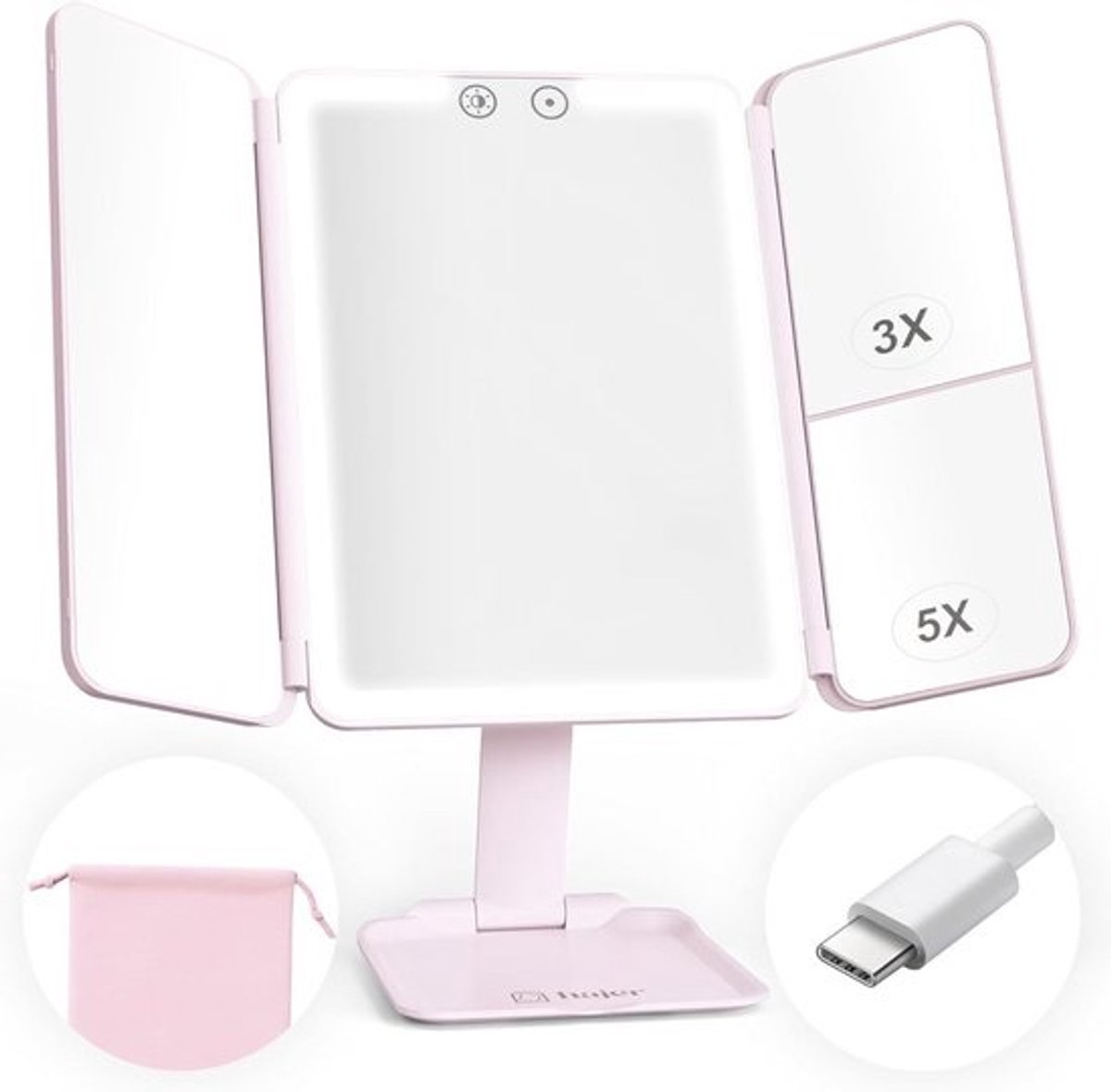 Verlichte Make-up Spiegel met Vergroting en USB-C Oplaadbaar Draagbaar voor Reizen