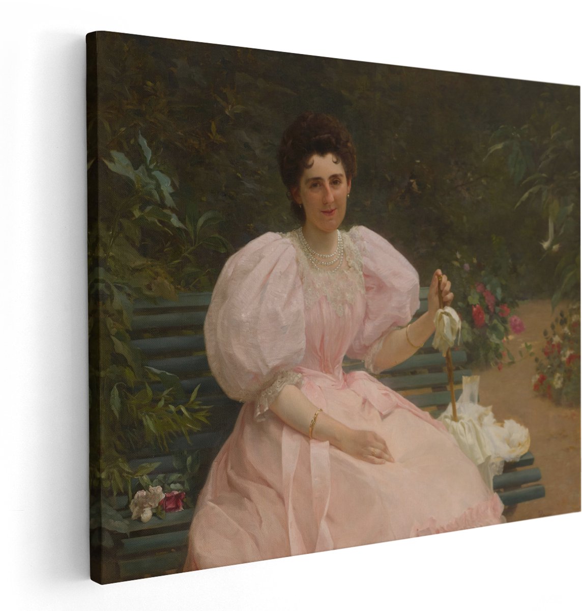 Artaza Canvas Schilderij Vrouw In Roze Baljurk - 150x120 cm - Groot - Wanddecoratie Vintage Portret - Muurdecoratie Romantisch - Klassieke Schilderijen Tuin