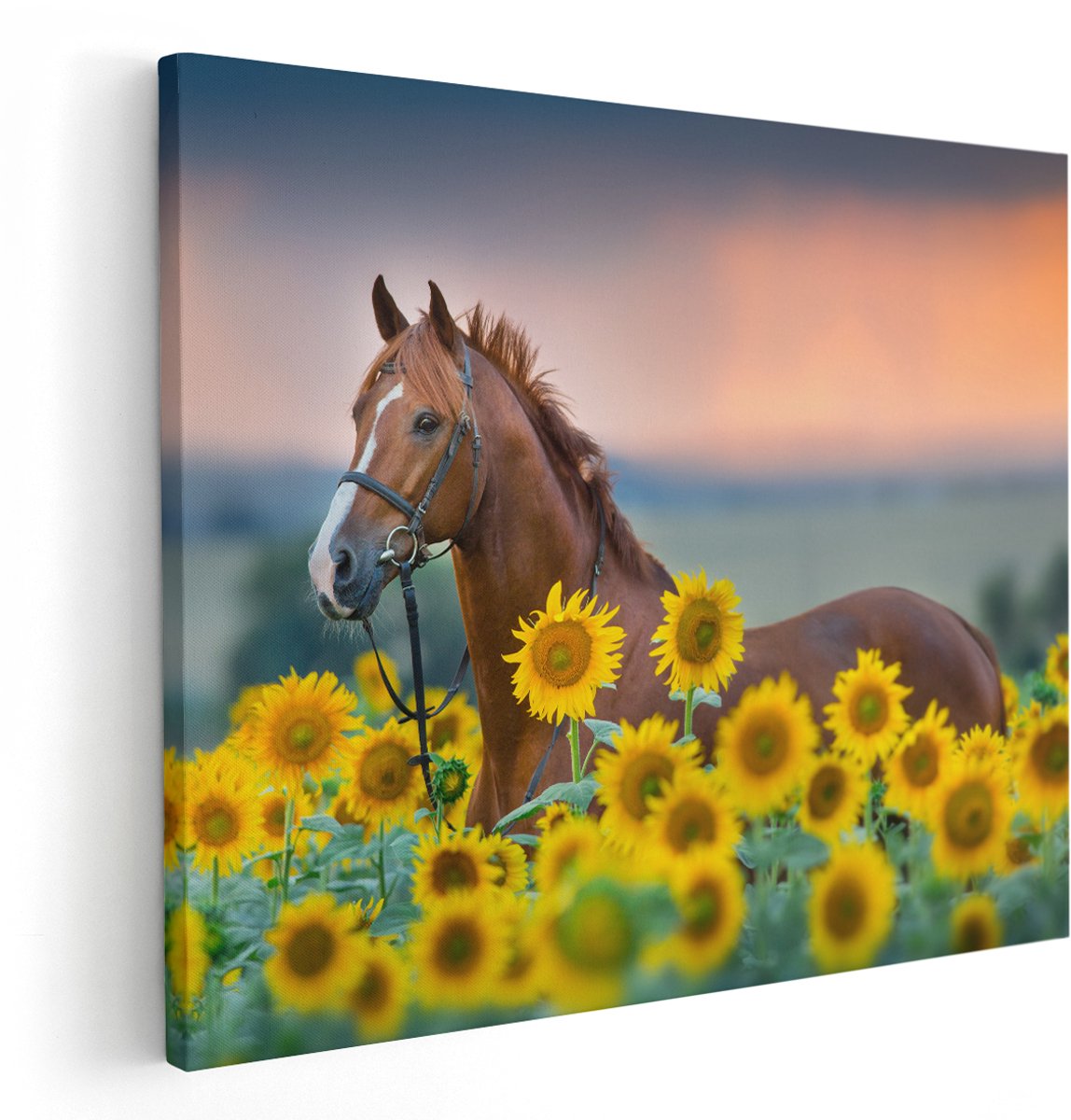 Artaza Canvas Schilderij Bruin Paard Tussen De Zonnebloemen - 150x120 cm - Groot - Wanddecoratie Woonkamer - Schilderijen - Muurdecoratie