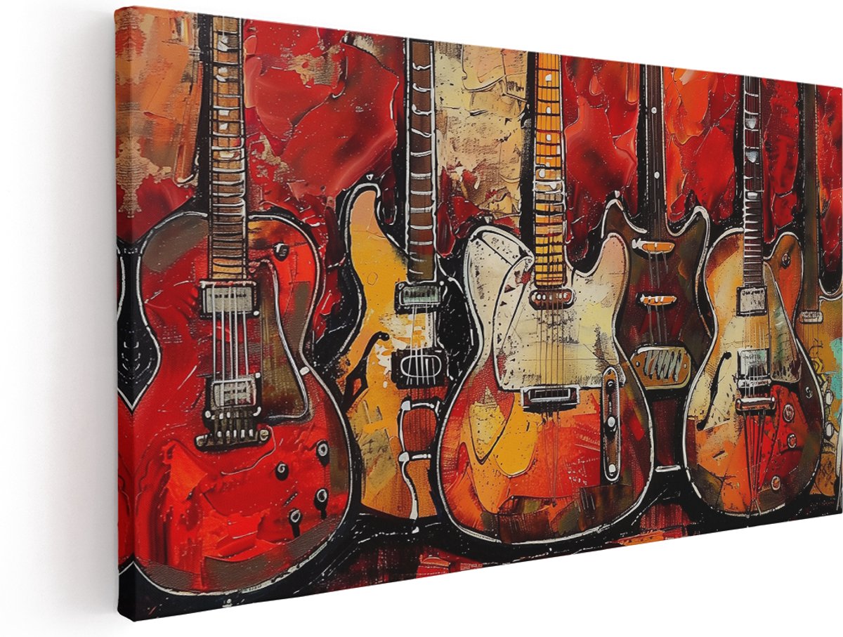 Artaza Canvas Schilderij Groep Gitaren op een Rode Achtergrond - 160x80 cm - Groot - Klein - Wanddecoratie Woonkamer - Schilderijen - Muurdecoratie