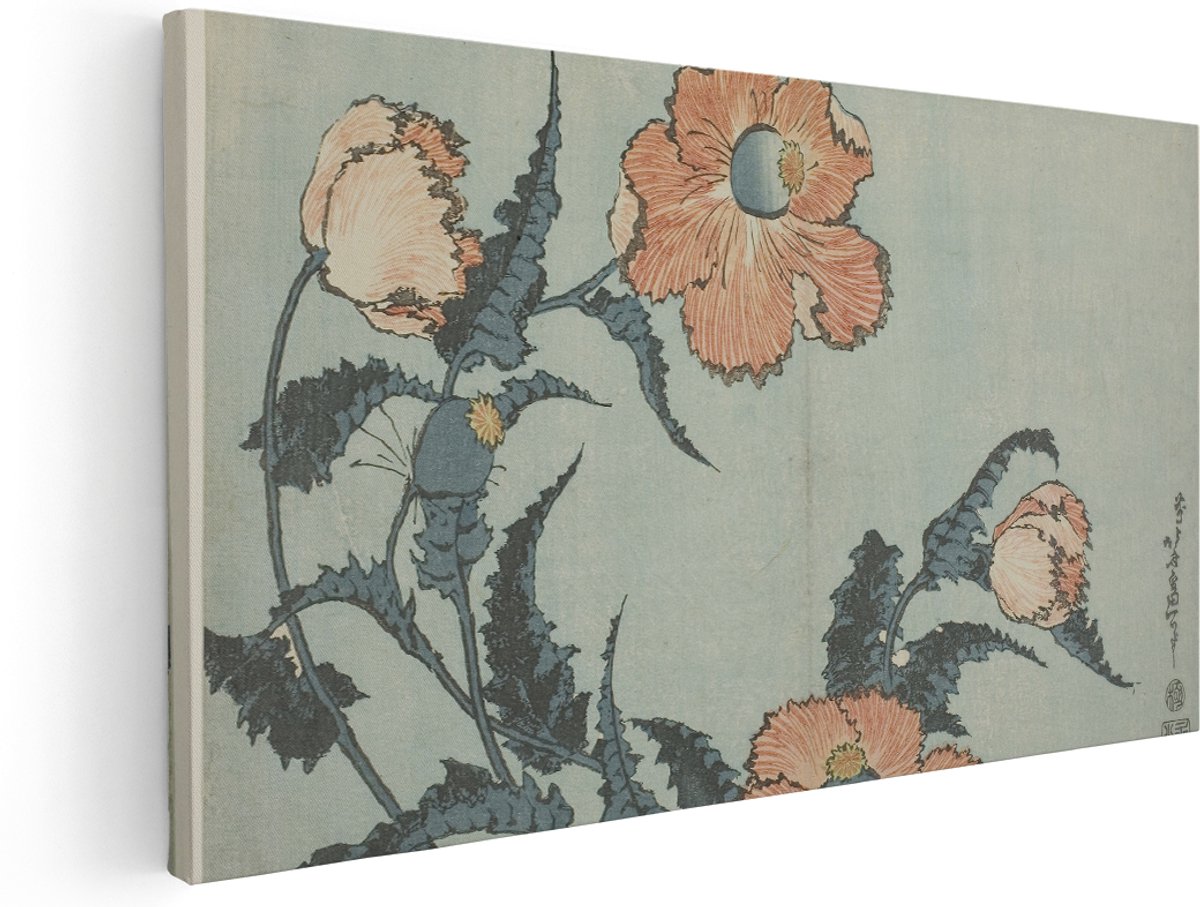 Artaza Canvas Schilderij Bloemen - 160x80 cm - Groot - Japandi Muurdecoratie Klaprozen - Wanddecoratie Ukiyo-E - Brocante Kamer Accessoires