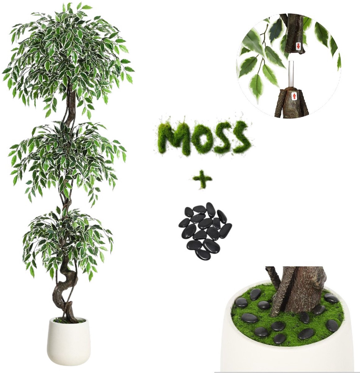 Danky Kunstmatige banyanboom - zijdeachtige bladeren - witte kiezelpot - decoratieve rechtopstaande plant - geschikt voor het decoreren van woonkamers, kantoren en entrees - 180 cm