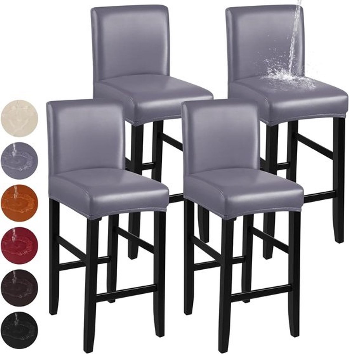 Set van 4 Waterdichte en Afwasbare Barkrukhoezen met Rugleuning - Stretch PU Stoelbekleding