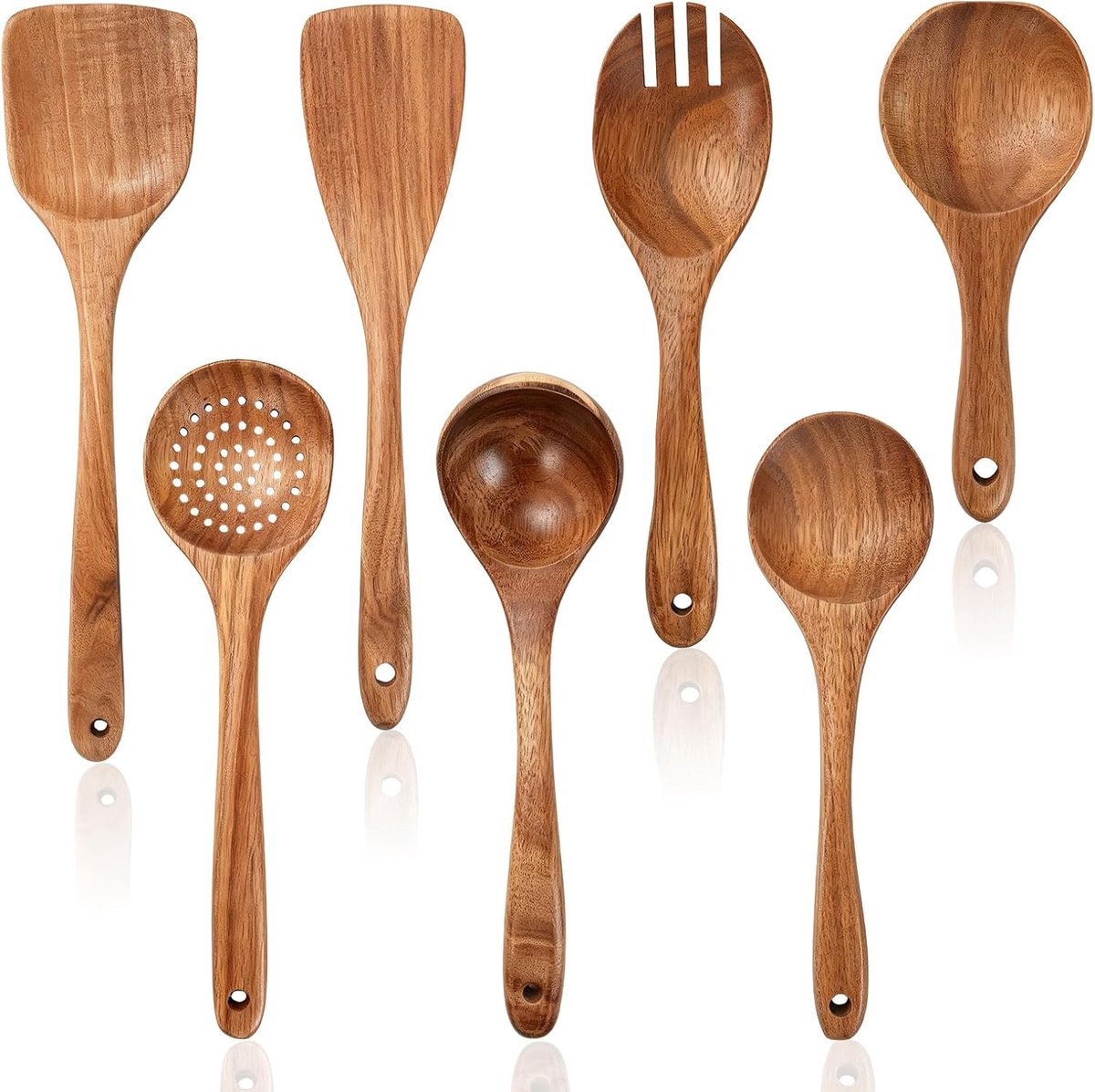 Set van 7 houten kooklepels en keukengerei, inclusief soeplepel en spatel voor veelzijdig gebruik in de keuken