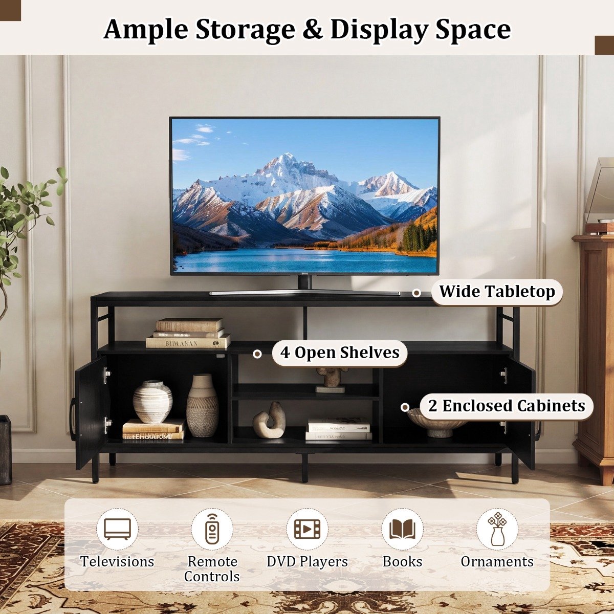 SureDeal® - TV Meubel - Kast - Inch Lowboard - Kasten - Open Planken Tafel - Verhoogde Metalen Poten - Woonkamer - 147x35x63,5 cm - Donkerbruin