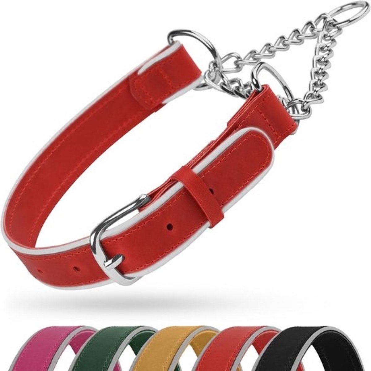 Verstelbare Leren Halsband Hond met Reflecterende Stiksels en Vetering