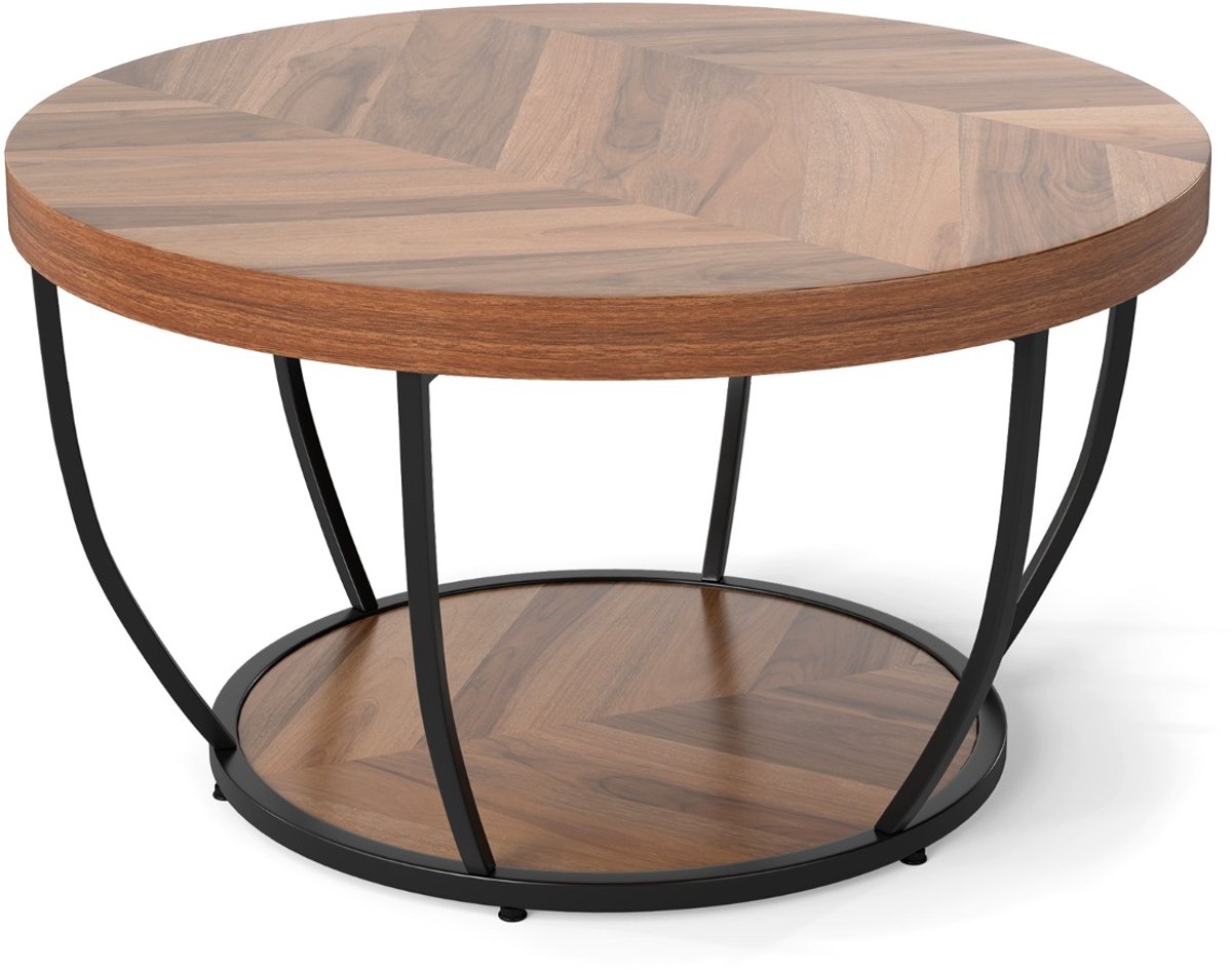 SureDeal® - Bijzettafel - Ronde Salontafel - Lagen Cocktailtafel - Stevig Metalen - Kunsthouten Blad - Woonkamer - 80x80x45 cm - Naturel