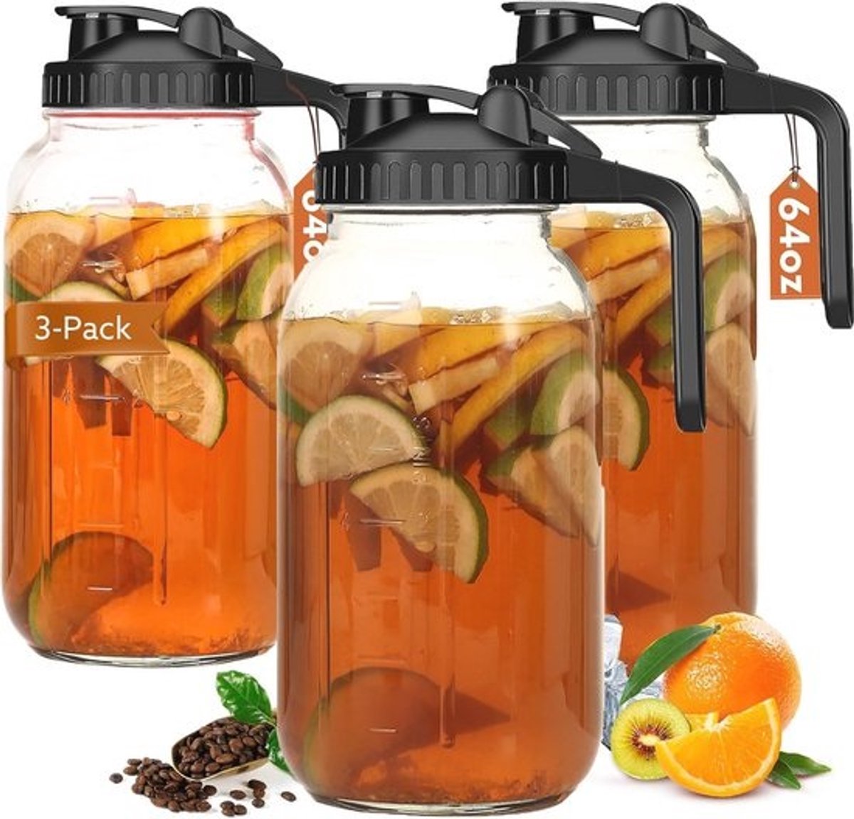 Glazen Kruik met Deksel en Tuit - 62 oz Vaatwasmachinebestendige Drinkcontainer - Perfect voor Melk, Ijskoffie en Meer (3 Stuks, Zwart)