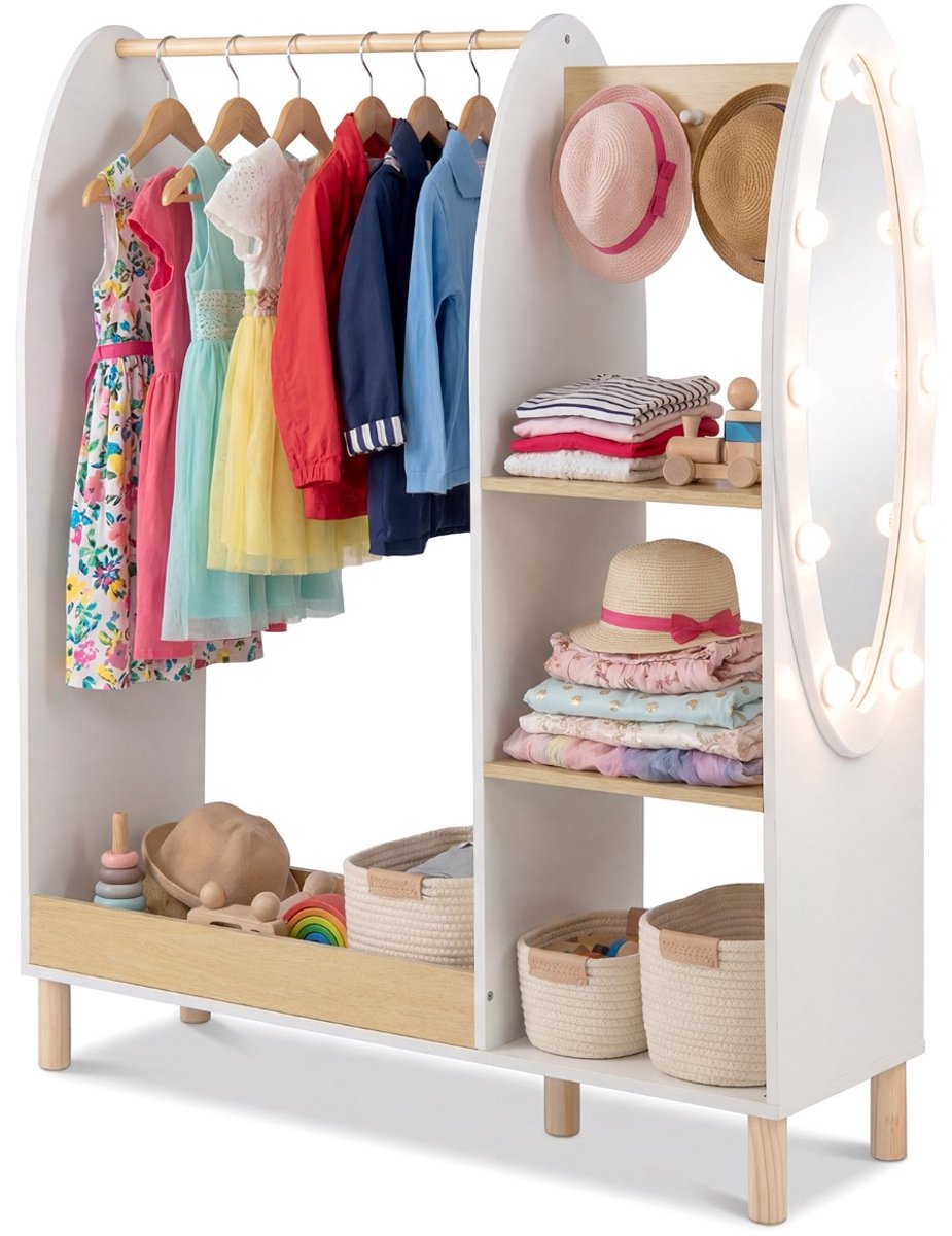 SureDeal® - Kledingkast - Kinderkledingkast - Spiegel - Verlichting Open - Garderobe Planken - Haken - 91x28x110 cm - Naturel