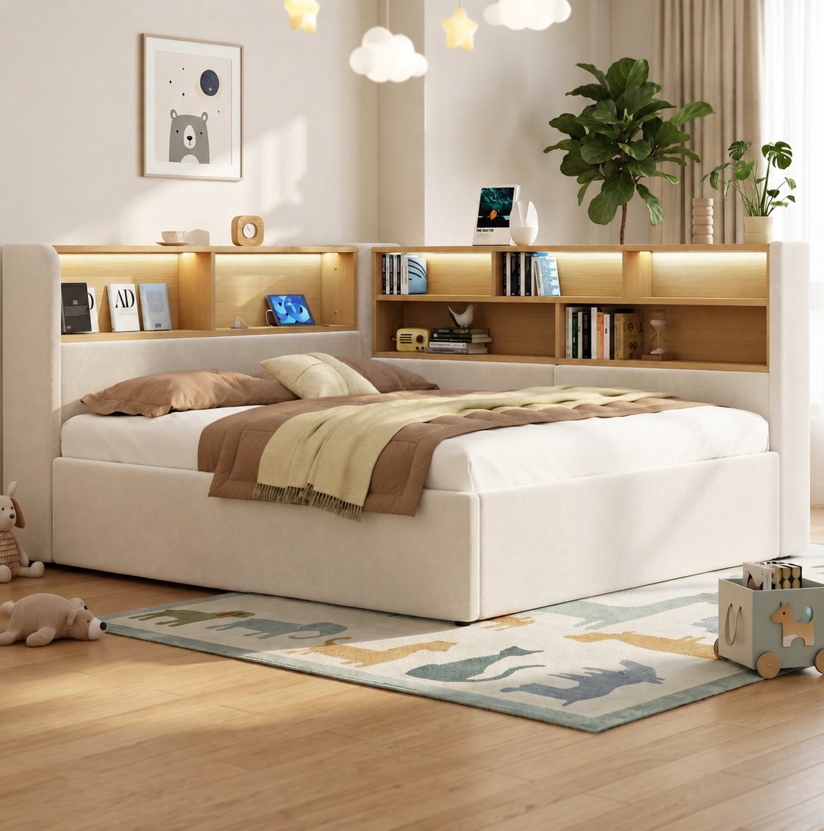 MIVRAY Bedbank 140 x 200 cm - Hydraulische Opbergruimte Met Led, USB En Rugleuning - Voor Slaapkamer Of Kinderkamer - Stof Beige