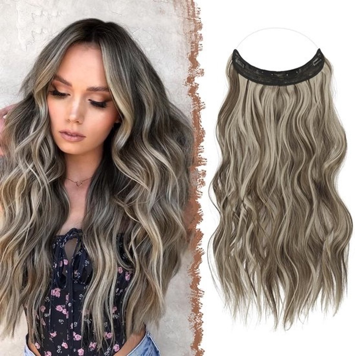 FESHFEN Secret Wire Hair Extensions Onzichtbare Haarverlengingen Krullend Golvend Lang Haarverlenging Synthetisch Haarstukjes voor Vrouwen Meisjes, Brunette Gemengd Asblond 40 cm