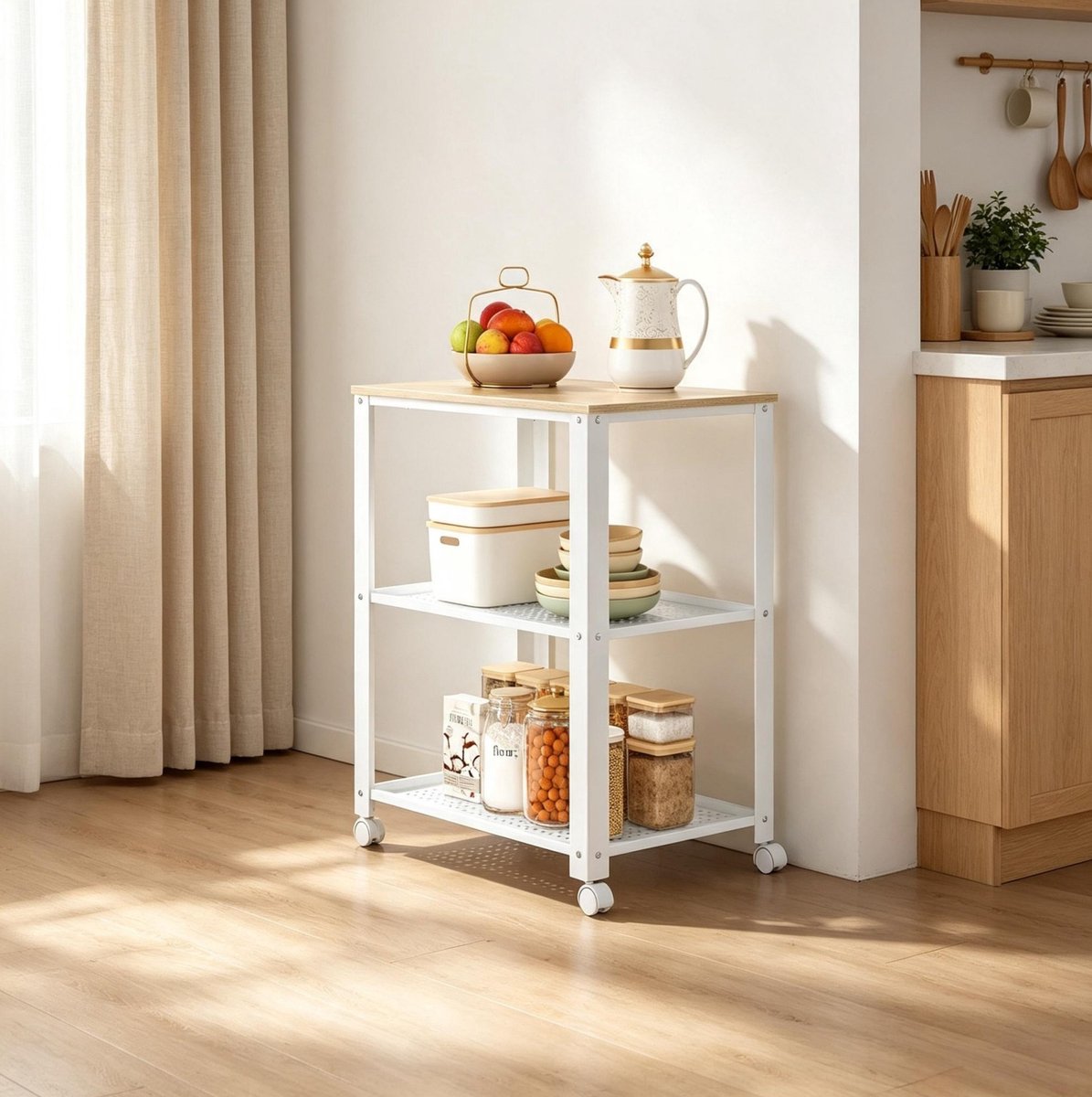 MIVRAY Keukenwagen – 3-Laags Op Rollen met 4 Zwenkwielen – 60 x 40 x 76 cm – Hout en Metaal – Wit en Lichte Eik – Opberger
