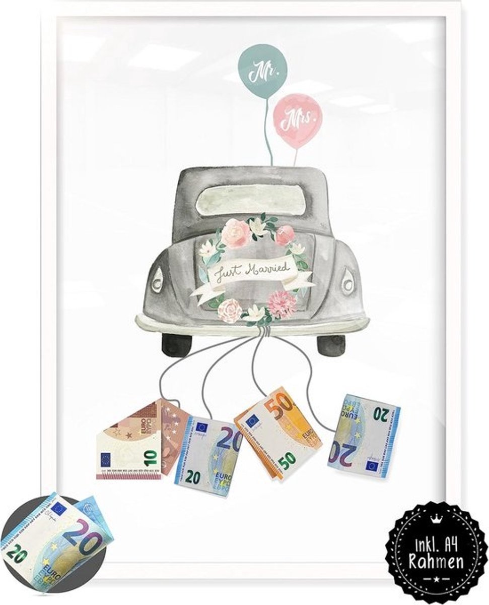 Geldgeschenk Bruiloft – Bijzonder Huwelijkscadeau voor Bruidspaar | DIN A4 | Verpakking Geldgeschenken Cadeau Foto - Bruiloft Auto Wit