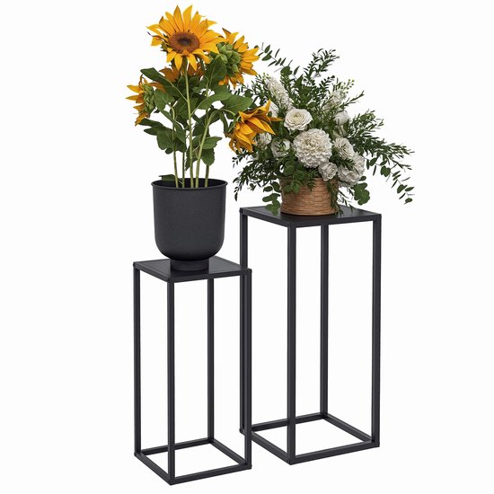 Set van 2 Plantenstandaards - Bloempotstandaard - Plantenstandaard - Plantenrek - Plantentafel - Metalen Bloemenstandaard Zwart - 25x25x58,5 & 31x31x65 cm - Stapelbaar voor Binnen en Buiten