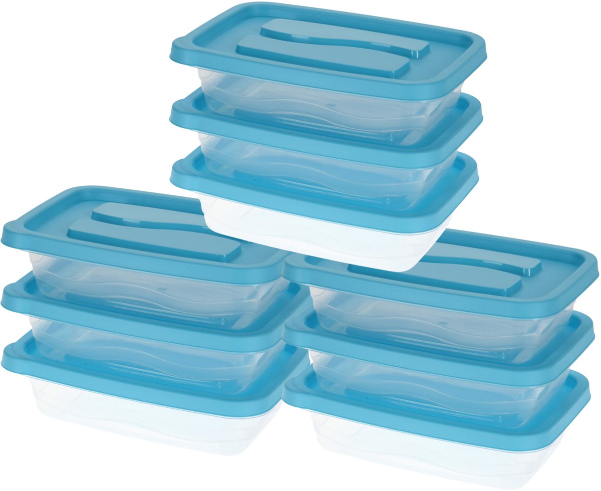 Excellent Houseware Voorraadbakjes/bewaarbakjes - blauwe deksel - 9x stuks - 1020 ml - Keuken - Eten bewaren - Vershoudbakjes - kunststof