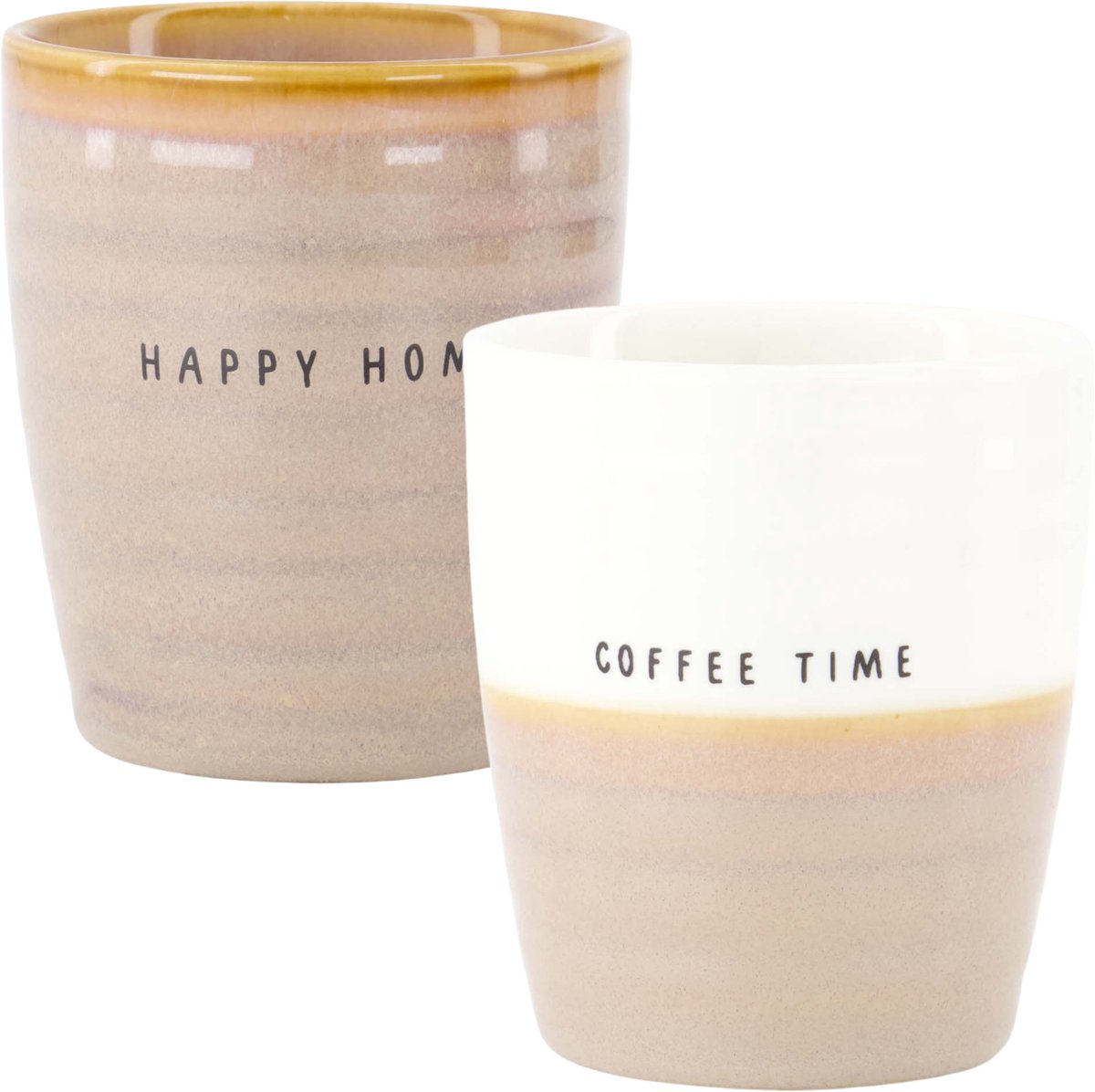 Zusss Set Van 2 Koffiemokken - Coffee Time & Happy Home - Keramieken Mokken Met Tekst - 210Ml Keramiek Wit / Zand