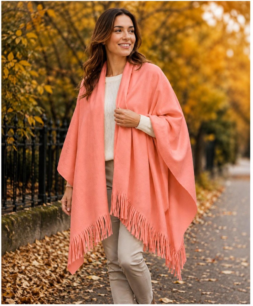 Luxe omslagdoek / poncho - koraalroze - 180 x 140 cm - fleece - Dameskleding accessoires winter / herfst