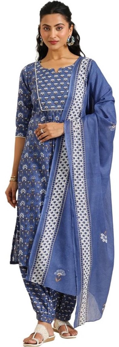 Dames Kurta Set - Rechte Kurta - Feestelijke Gelegenheden - Bloemenprint Design - Met Salwar Dupatta - Blauw