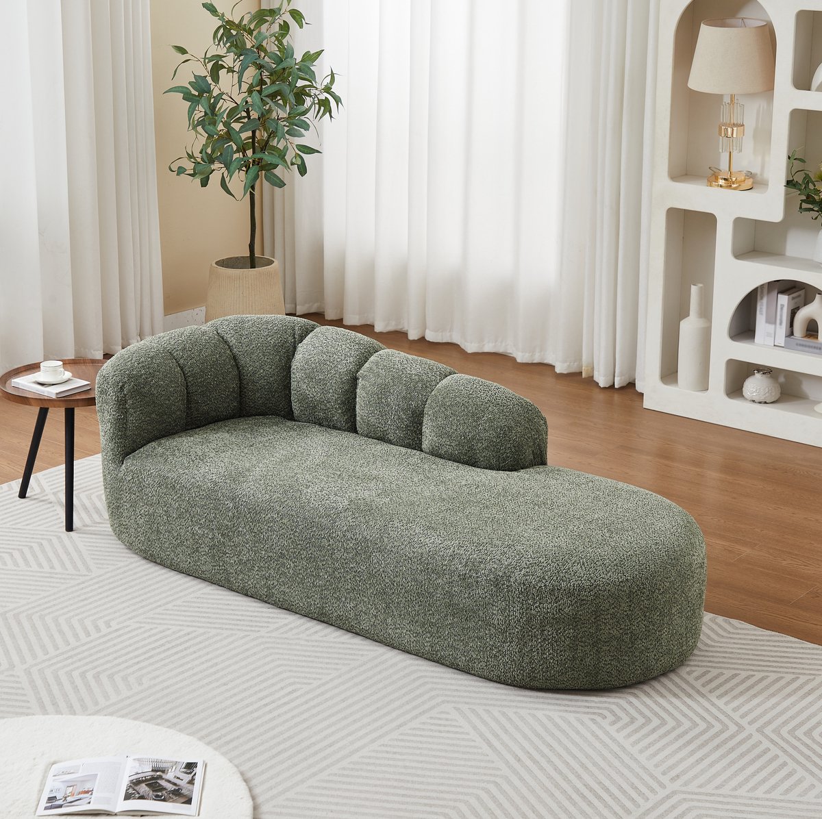 MODENUIT Chaise longue 204 cm - Golfvormige Rugleuning - Voor Woonkamer En Slaapkamer - Chenille Groen