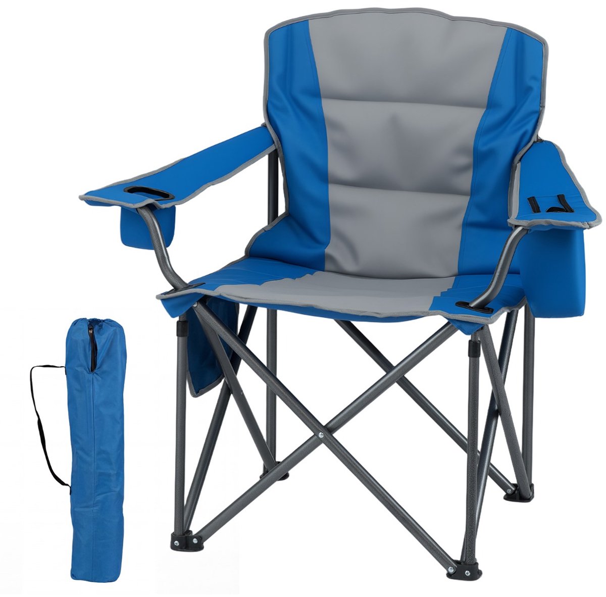 SureDeal® - Tuinstoel - Extra Grote Campingstoel - Koeltas - Ritssluiting - Bekerhouders - 97,5x63x99 cm - Marineblauw + Grijs