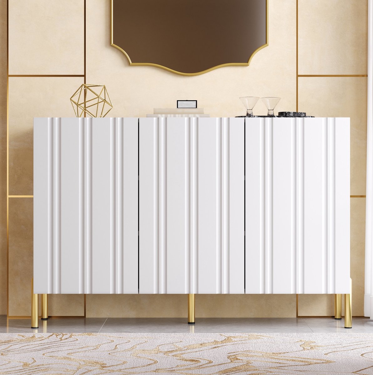 DESMIU Schoenenkast - Drie Deuren Met Verticale Groefstructuur - Voor Hal En Woonkamer - MDF En Spaanplaat - Wit - 120x35,5x80 Cm