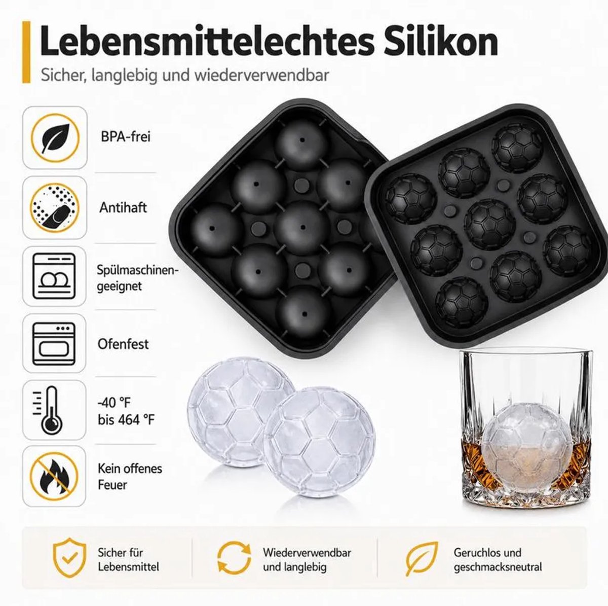 3D siliconen ijsvorm in de vorm van een voetbal Geschikt voor deksel, voedselveilig, flexibel, Geschikt voor whisky, cocktails en baraccessoires.