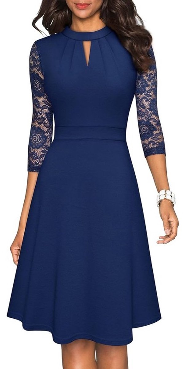 Elegante Jurk - Feestjurk Cocktailjurk - Feestelijke Gelegenheden - Kanten Details - Knielang - Zwart