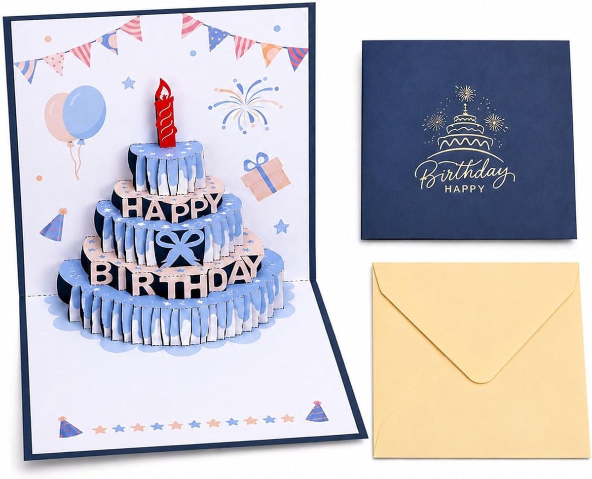 Verjaardagskaart met 3D Pop-Up Cake Motief, Donkerblauwe Wenskaart met Envelop voor Feestjes, Perfecte Cadeau voor Mannen en Vrienden