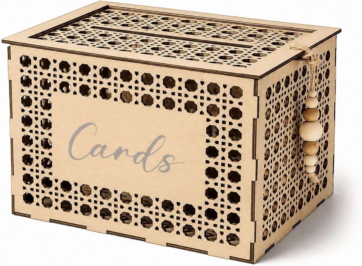 Houten Tombola Box, Vintage Gegraveerde Kaartdoos voor Tafelversiering bij Bruiloften, Verjaardagen en Babyshowers, Ideaal voor Geld of Wensen