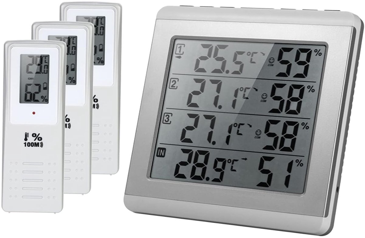 Grote Weergave Thermometer en Hygrometer voor Binnen en Buiten, Vier Kanalen, Max/Min Alarmfunctie en Nauwkeurige Metingen