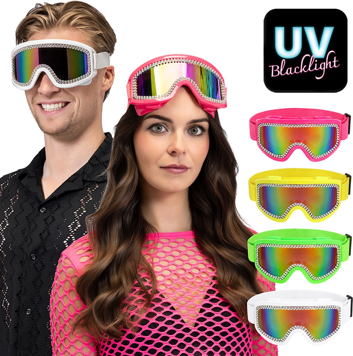 Boland - Party skibril Rave assorti Wit,Roze,Groen,Geel,Neon - Volwassenen - 80's & 90's - Disco - Geen verkleedthema - 90s - Festival - Carnaval - Apres ski