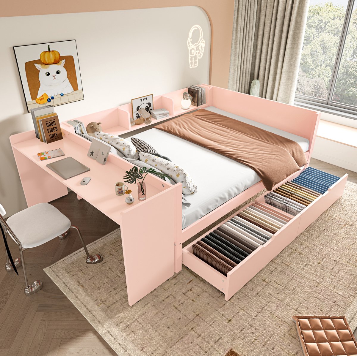 REDOM - Bedframe met bureau en opbergruimte - Met 2 lades, boekenplanken en uitvalbeveiliging - Hout en spaanplaat - Roze - 140 x 200 cm - 242 x 164 x 73 cm