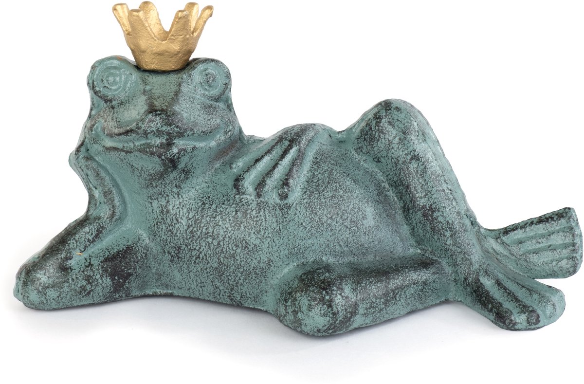 Moritz Tuinbeeld Kikker met Kroon - Gietijzer - 19 cm breed - Turquoise Goud Patina - Kikkerbeeld liggend uitgestrekt met gouden kroon en patina - Geschikt voor binnen en buiten - Tuindecoratie voor muur, border en vijverrand - 1 stuk per doos