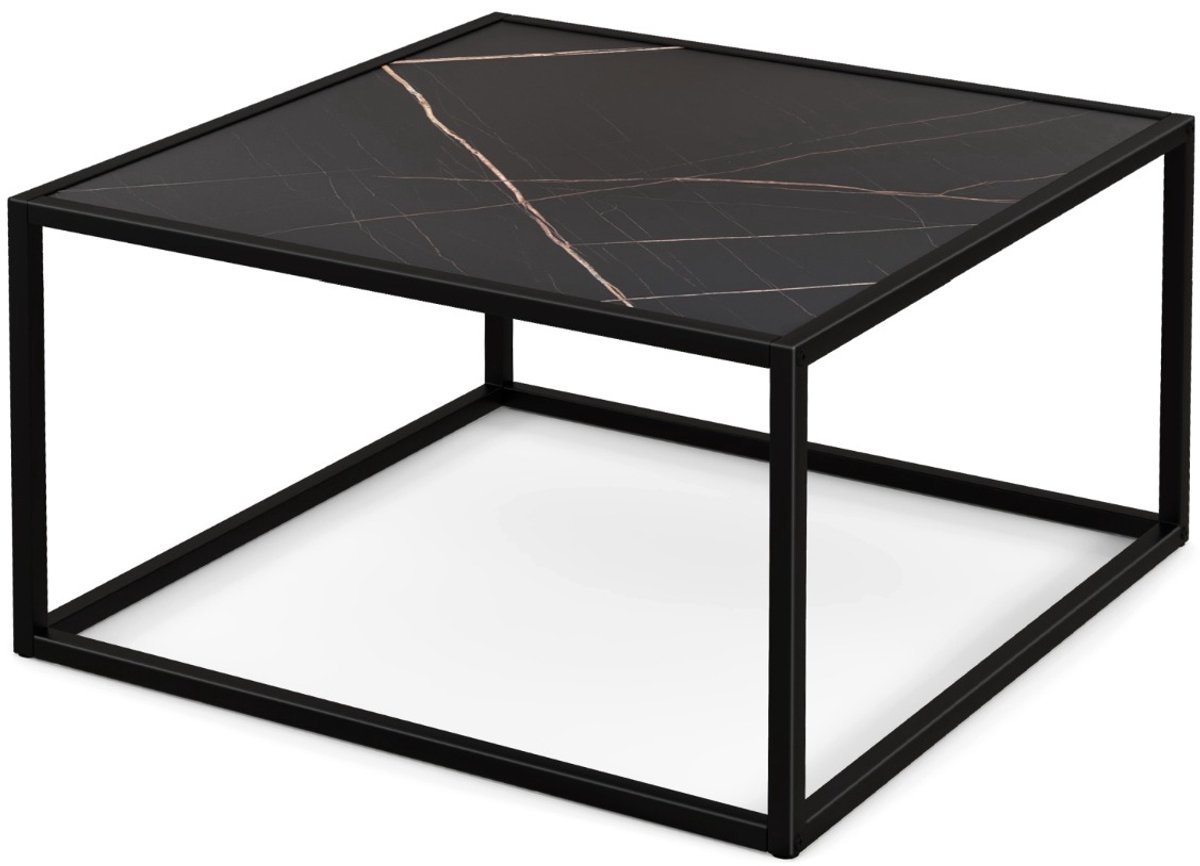 SureDeal® - Salontafel - Moderne Vierkante Imitatiemarmer - Stalen Midden Cocktailtafel - 70x70x40 cm - Donkerbruin