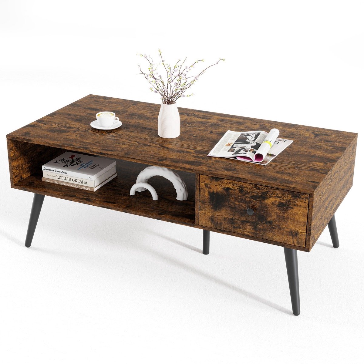 SureDeal® - Salontafel - Koffietafel Cocktailtafel Middeleeuwse - Lade - Opbergrek - Woonkamer Receptie Zwart - 109x55x44,5 cm - Koffiebruin