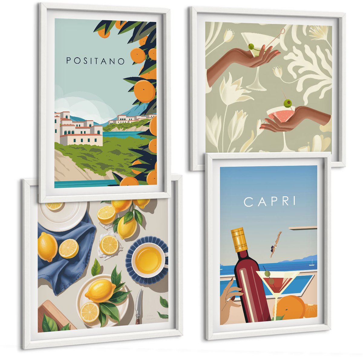 Wallfluent 4-Delige Schilderij Set - Vakantiegezichten Italiaanse Citroenen Positano En Capri - 40 x 40 En 40 x 60 - Stijlvolle Muurdecoratie - Slaapkamer - Interieur Decoratie