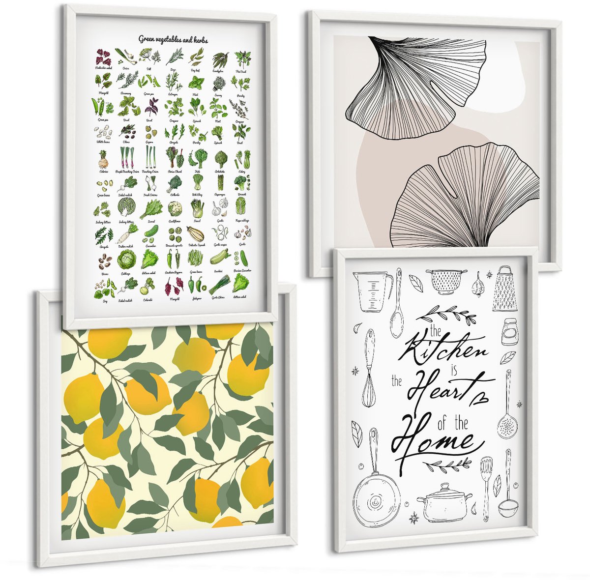 Wallfluent 4-Delige Schilderij Set - Lijst Met Keukenkruiden, Belettering En Beschilderde Citroenen - 40 x 40 En 40 x 60 - Wanddecoratie - Muurdecoratie - Moderne Interieurdecoratie - Moderne Wanddecoratie