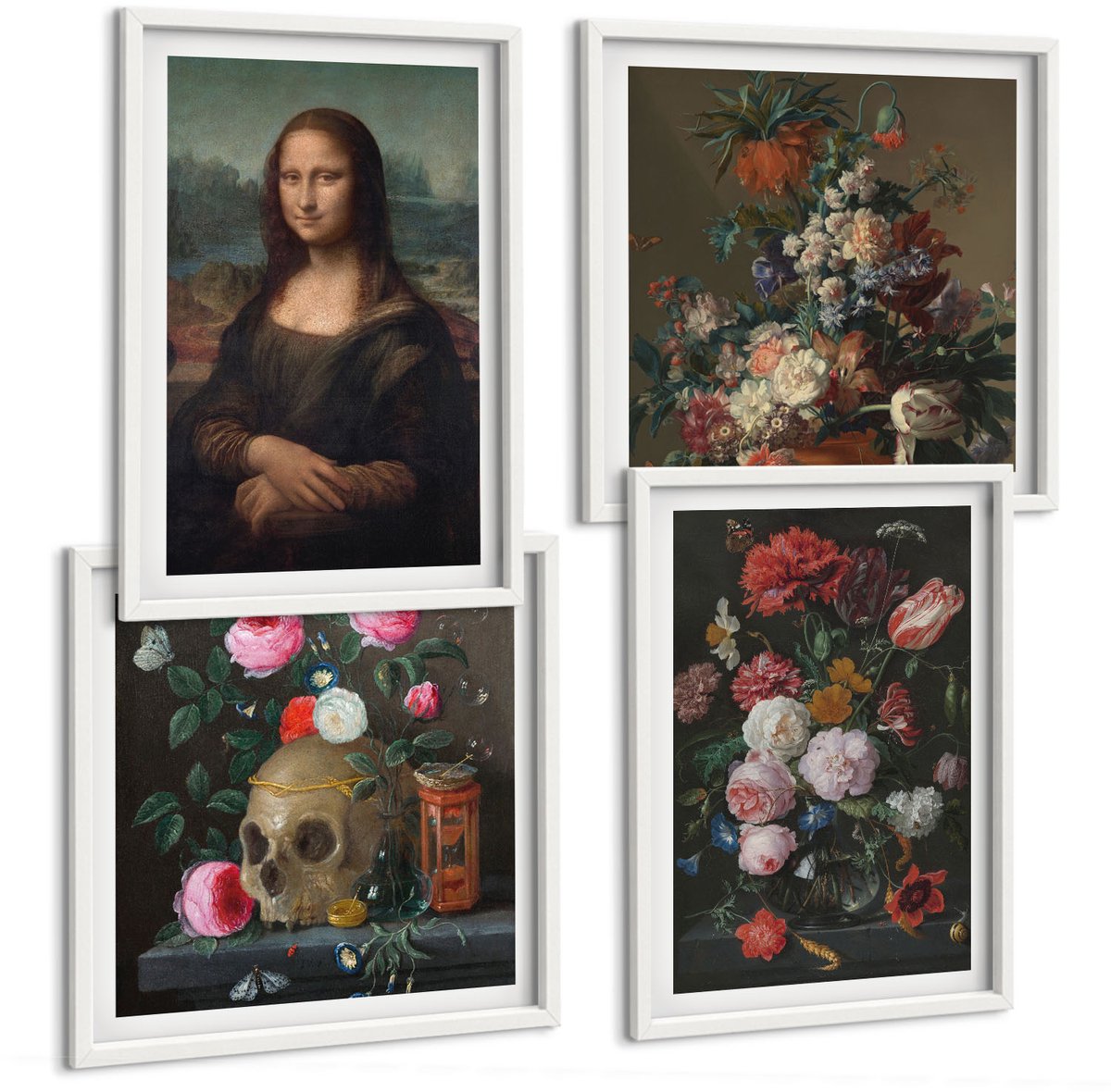 Wallfluent 4-Delige Schilderij Set - Vintage Bloemen, Schedel En Mona Lisa-Portret Van Leonardo Da Vinci - 40 x 40 En 40 x 60 - Wanddecoratie - Schilderijen Set - Interieur - Stijlvolle Muurdecoratie
