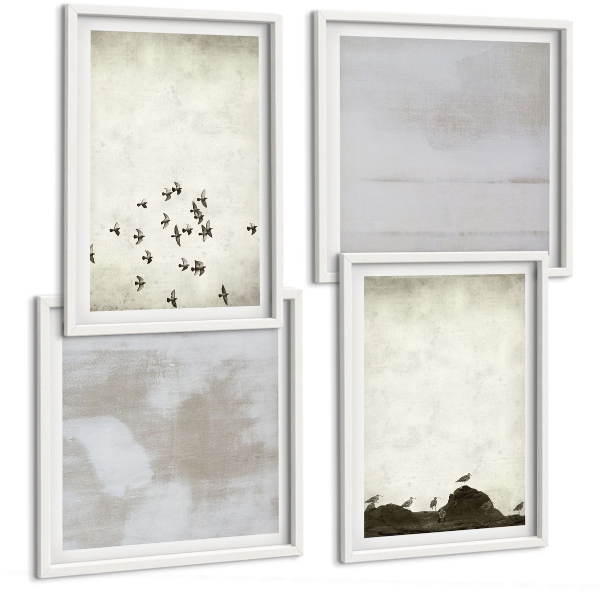 Wallfluent 4-Delige Schilderij Set - Vogels In Vlucht En Gekraste Texturen In Minimalistische Stijl - 40 x 40 En 40 x 60 - Decoratieve Schilderijen - Wanddecoratie - Hal - Muurdecoratie